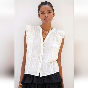 Anthropologie Pilcro Ruffled Buttondown Metallic Swiss Dot Top in Ivory, Size XL